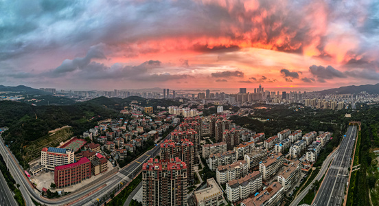 烟台市-朝霞-城市-航拍-城市 图片素材