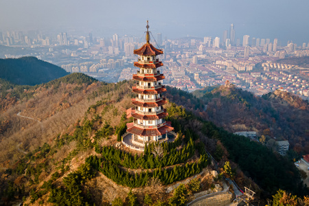 烟台市-航拍-塔山-三合塔-建筑 图片素材
