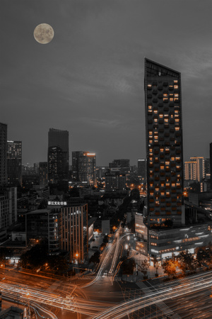 城市夜景-风光-月亮-双重曝光-城市 图片素材