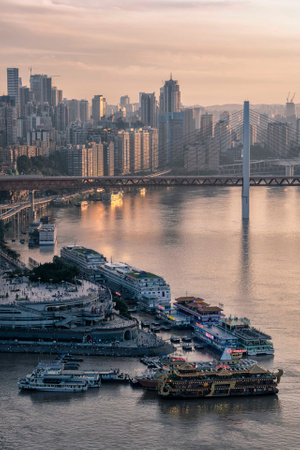 城市-大桥-水域-日落-船 图片素材