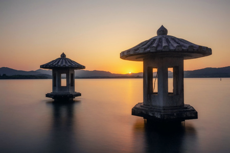 古建筑-长曝光-日落-湖-水面 图片素材