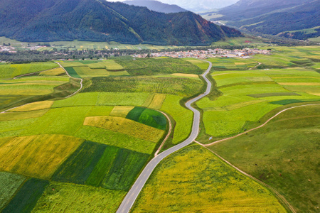海北藏族自治州-色彩-村落-线条-道路 图片素材