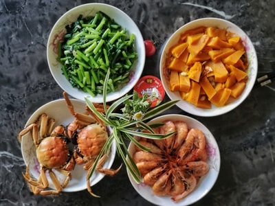 蔬菜-海鲜-荤素搭配-今日中午菜-手机 图片素材