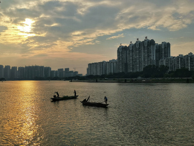 清晨-榕江-小舟-渔者-手机摄影 图片素材