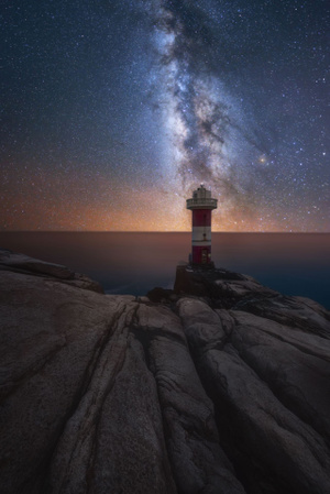 星空-灯塔-海岛-夜晚-银河 图片素材