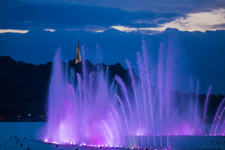 杭州-西湖-湖滨-西湖音乐喷泉-夜色 图片素材
